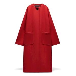 ZARA Red Mantego Wool Blend Midi Statement Coat A-Line Sz XLarge